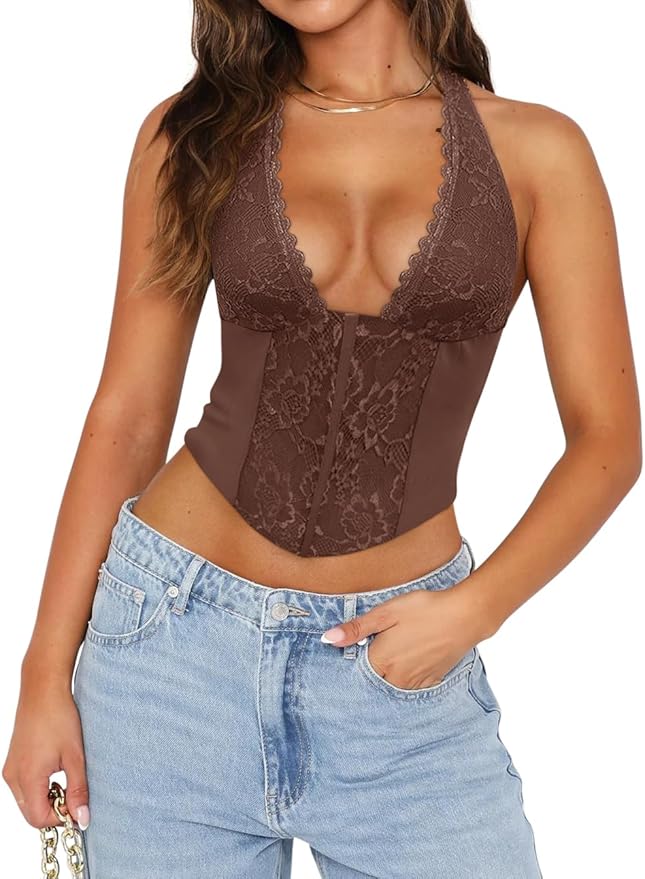 UNCOOYEE Women Sexy Lace Halter Neck Tank Top Sleeveless Backless Y2k Trendy Going Out Corset Crop Tops