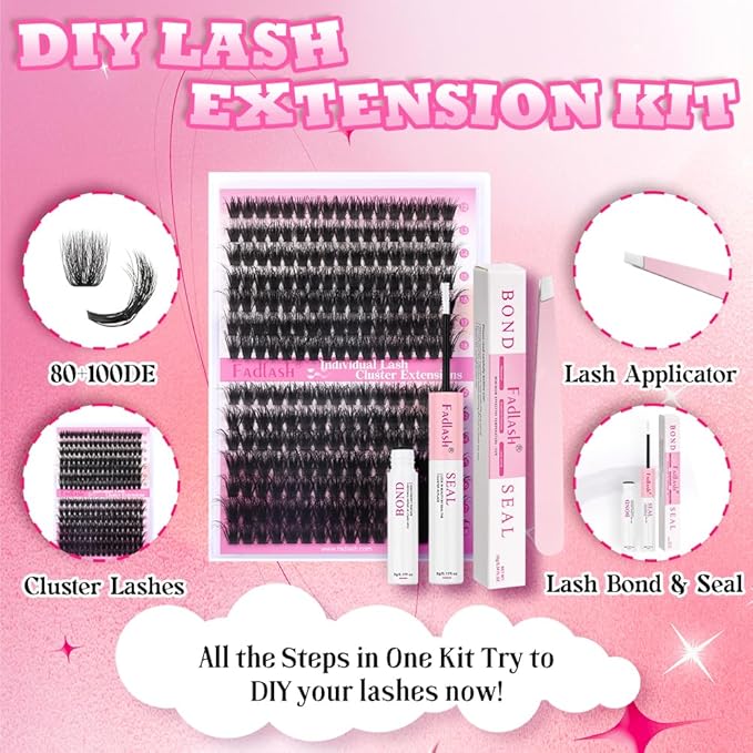 FADLASH Lash Extension Kit 80D+100D 280Pcs Lash Clusters D Curl DIY Eyelash Extension Kit with Lash Bond and Seal Lash Applicator 3D Effect Lash Cluster Kit fluffy (80D+100D Kit, Mix 12-18mm)
