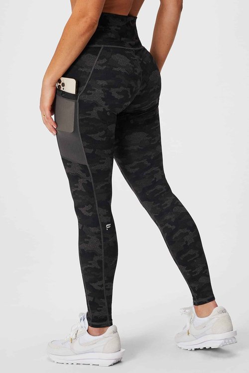 Fabletics Women's On-The-Go PowerHold High-Waisted Legging, Workout, Yoga, Maximum Compression, Flattering, XS/Tall | 29, Charcoal Camo
