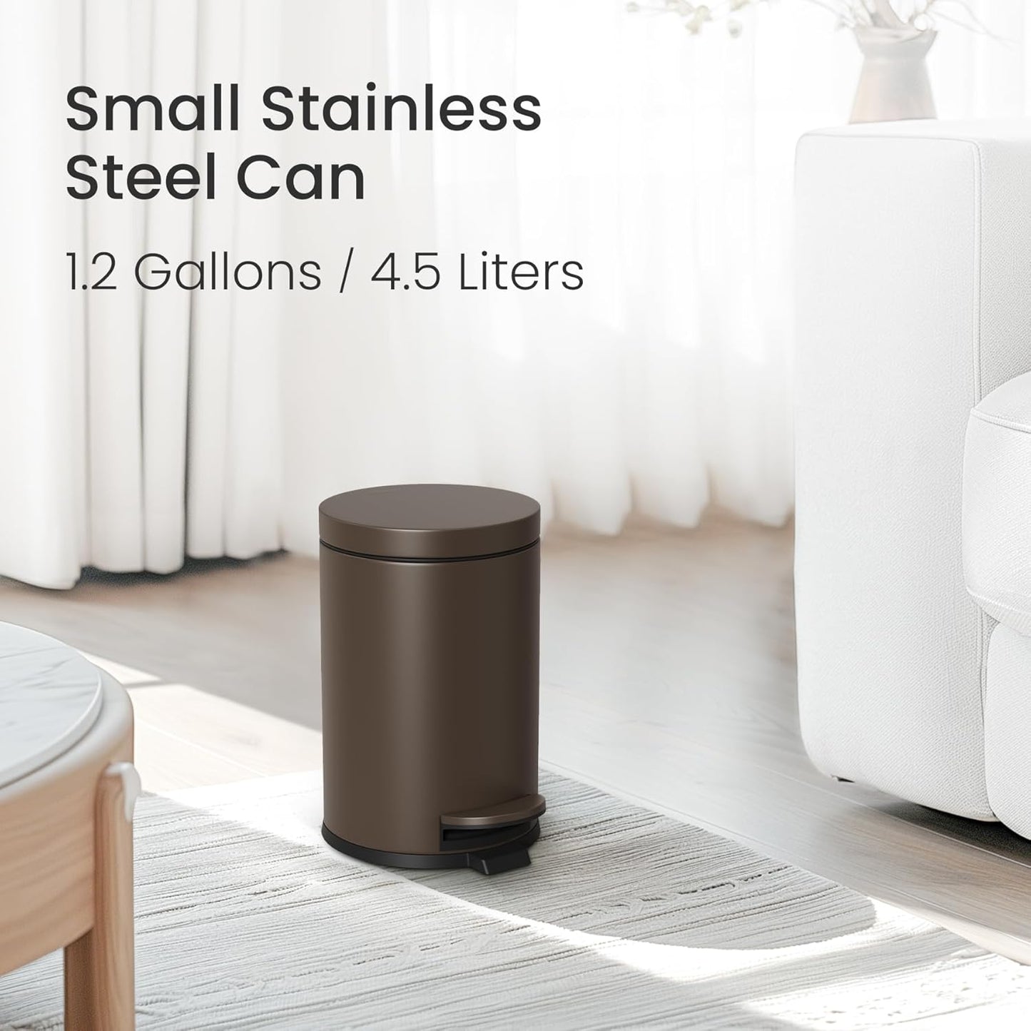 Cesun 1.2 Gallons Small Brown Trash Can, Bathroom Garbage Can with Lid and Foot Pedal, Mini Round Wastebasket for Bathroom, Bedroom, Office, 4.5 Liters / 1.2 Gallons, Brown