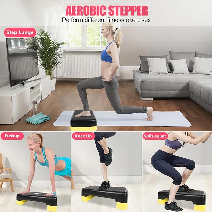 HaoKang Height-Adjustable 4''-6'' Step Aerobics Platform Fitness Equipment Stepper Trainer Exercise Step Platform with 2 Riser