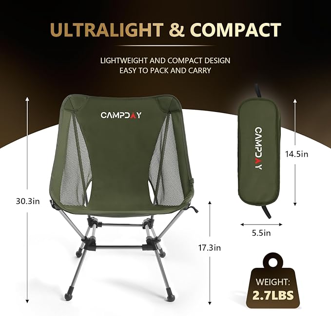 Campday Camping Chair Portable Hiking Ultralight Backpacking Small Lightweight Folding Chair for Outdoor Camp Hunting Beach Picnic Concert, Supports 330lbs (Green,1PCS)