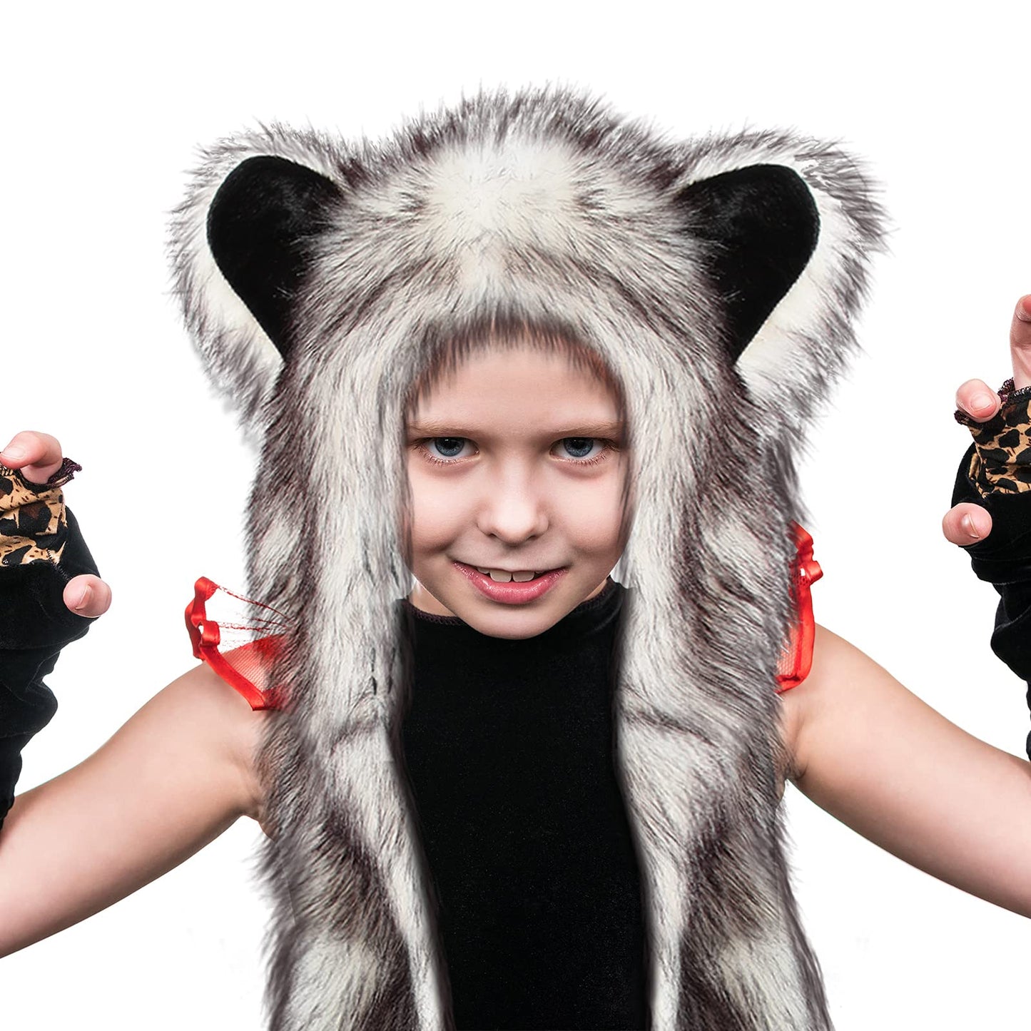 SATINIOR Wolf Faux Animal Hoods Hat Furry Hat Mittens Gloves Scarf Paws Ears Wolf Accessories (White and Black)