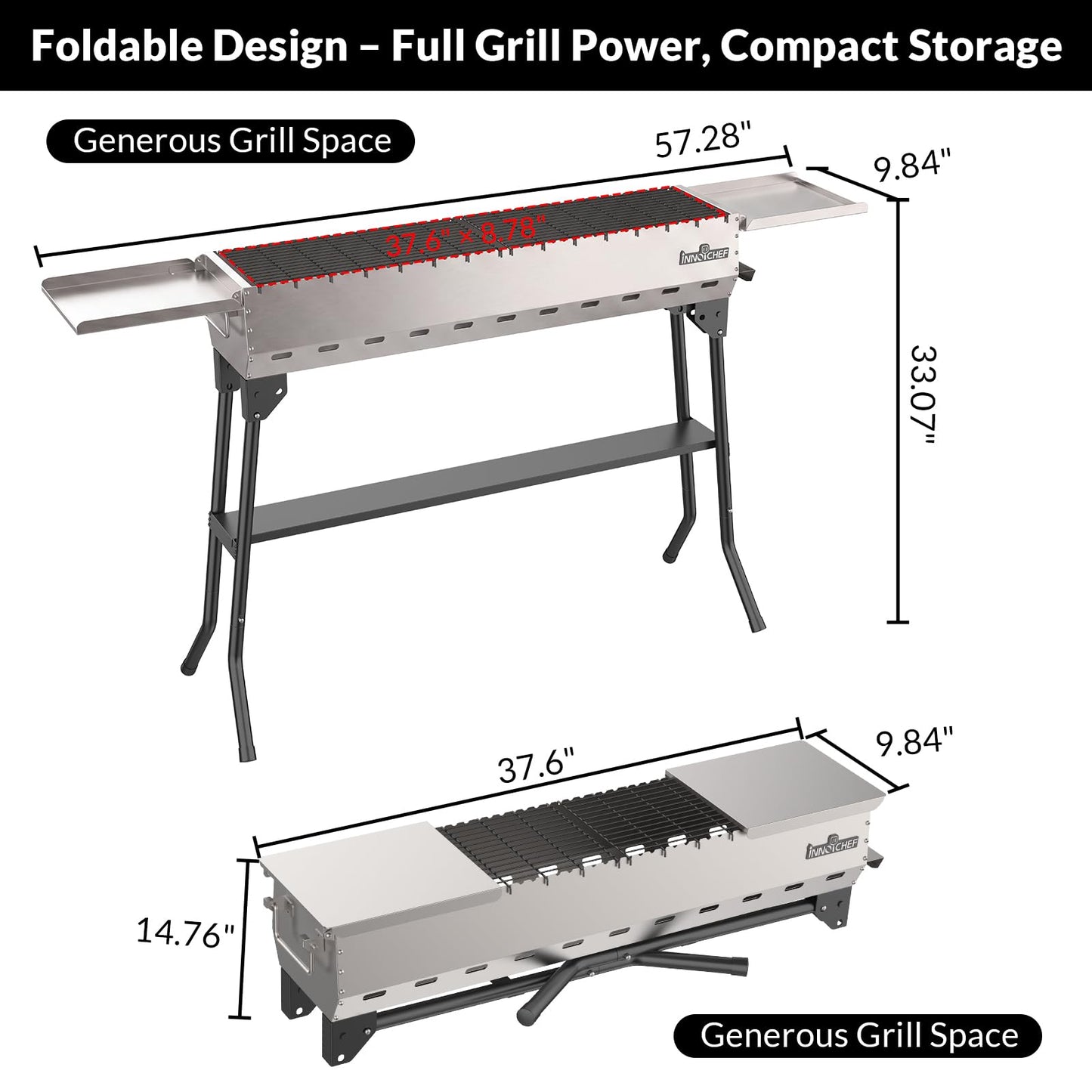 Charcoal Grill, Foldable Portable Camping Charcoal Grill, Stainless Steel BBQ Grill with Ceramic Grate, 2-in-1 Side Tables & Pull-Out Ash Pan Outdoor & Backyard Grill for Patio Cooking