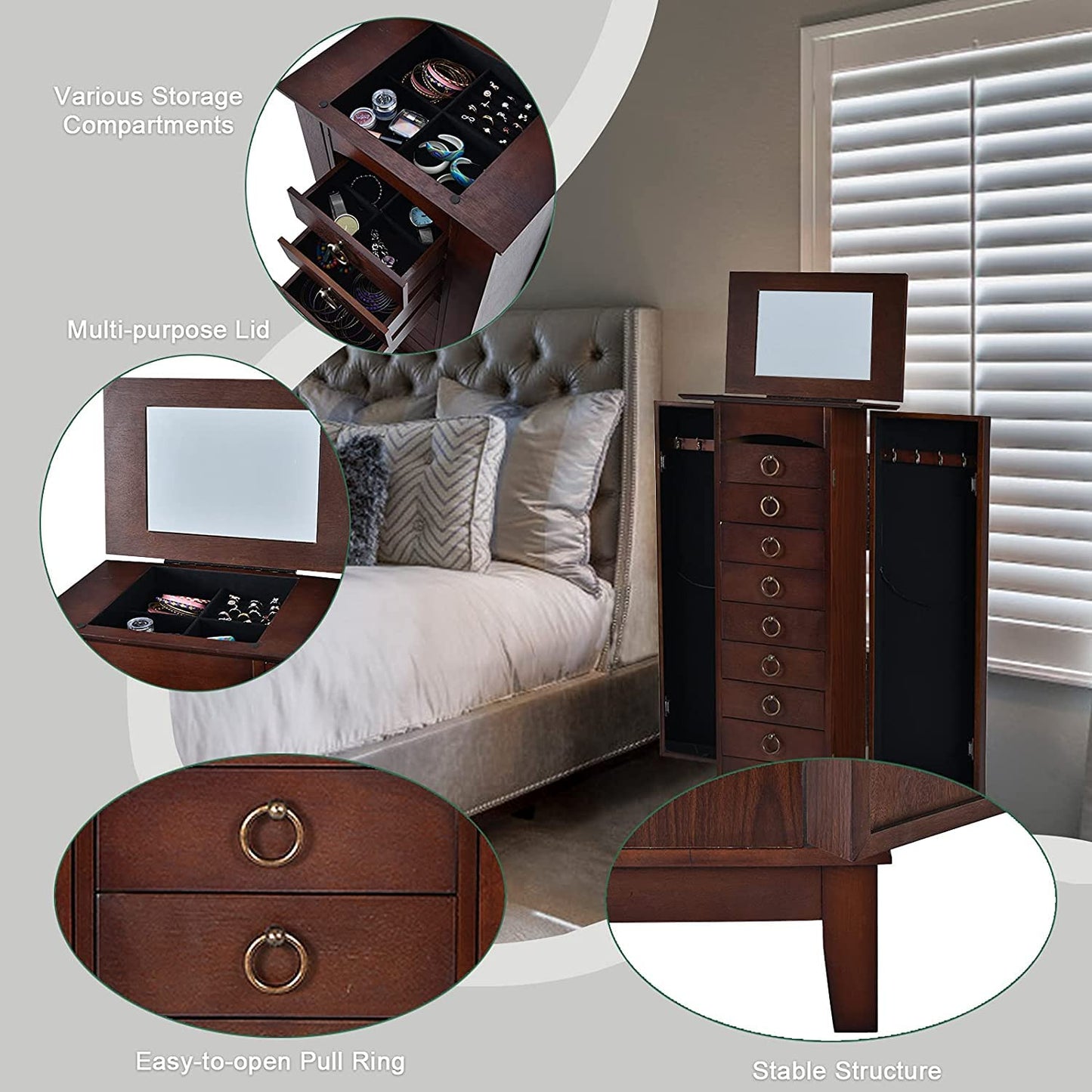 FANTASK Standing Jewelry Armoire Cabinet, Wooden Jewelry Storage Chest w/Flip Top Mirror, 9 Drawers & 2 Side Doors, Bedroom Armoire with Large Storage, Walnut