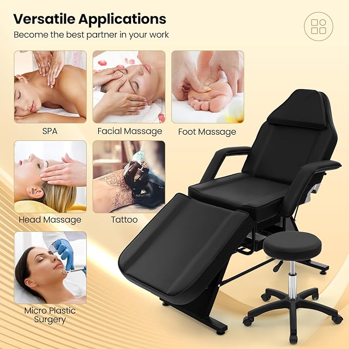 Giantex 72" Massage Bed with Hydraulic Stool, 3-Section Tattoo Chair with Adjustable Backrest, Legrest & Storage Boxes, Facial Chair for Professional Massage Lash Beauty Treatment Spa (Black)