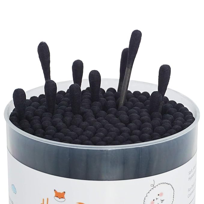 Black Cotton Swabs Spiral - 200 Count Organic Cotton Buds Gothic Bathroom Tightly Wrapped Charcoal Cotton Tips Paper Stick Soft Gentle Cruelty-Free Lint-Free, Round & Spiral (Black)