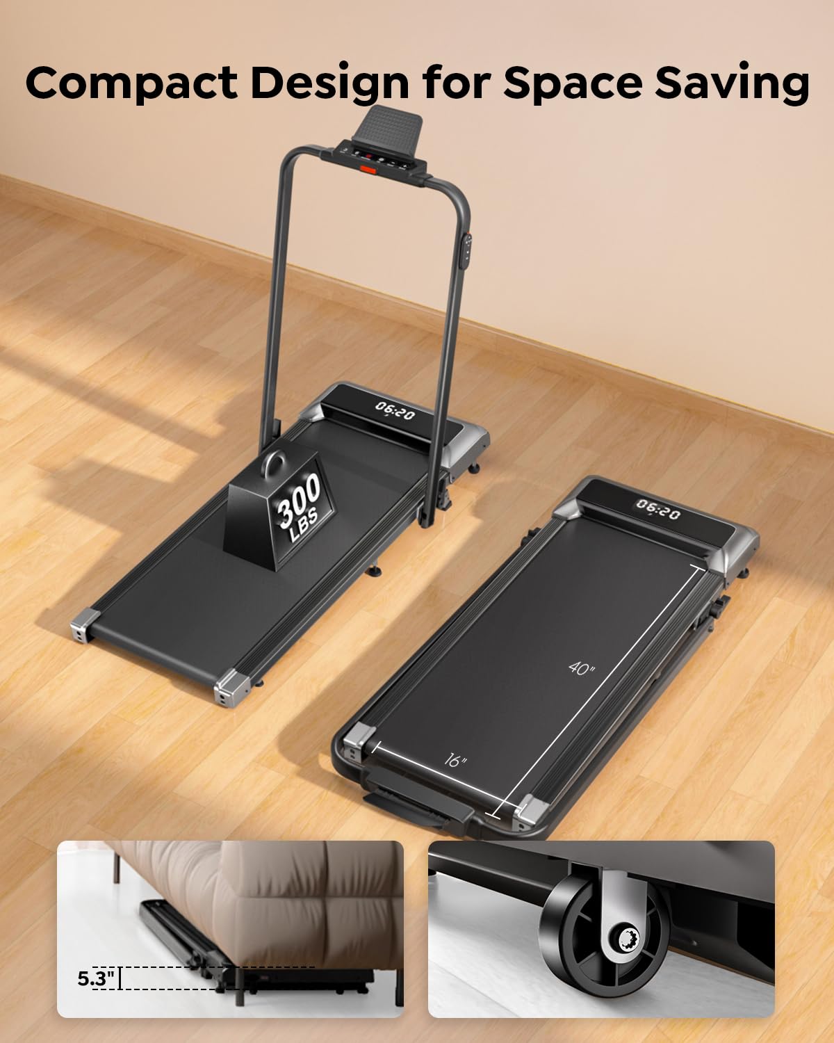 Acezoe Walking Pad Under Desk Treadmill with Incline, 2 in 1 Foldable Treadmills for Home Small Office, 300 lbs Capacity, Portable Compact Walking Treadmill with Remote Control, LED Display and Apps