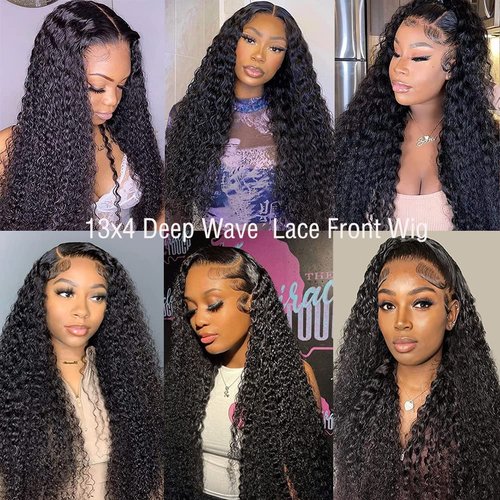 GIESWY Deep Wave Lace Front Wigs Human Hair 13x4 HD Transparent Lace Frontal Glueless Wigs for Women, Natural Black, 16 inch