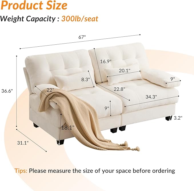 GRAINLLE 67'' Modern Chenille Love Seat Sleeper Cloud Couch Bed,Convertible Cozy Deep Seat Couches with Wide Armrest & Throw Pillows for Living Room,Home,Bedroom(Ivory)