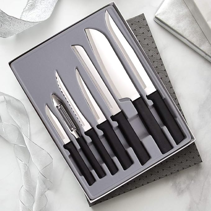 Rada Cutlery 7-Piece Starter Knife Gift Set (G257) with Quick Edge Sharpener (R119), Stainless Steel Hollow Ground Blades, Made in USA, Black Handles