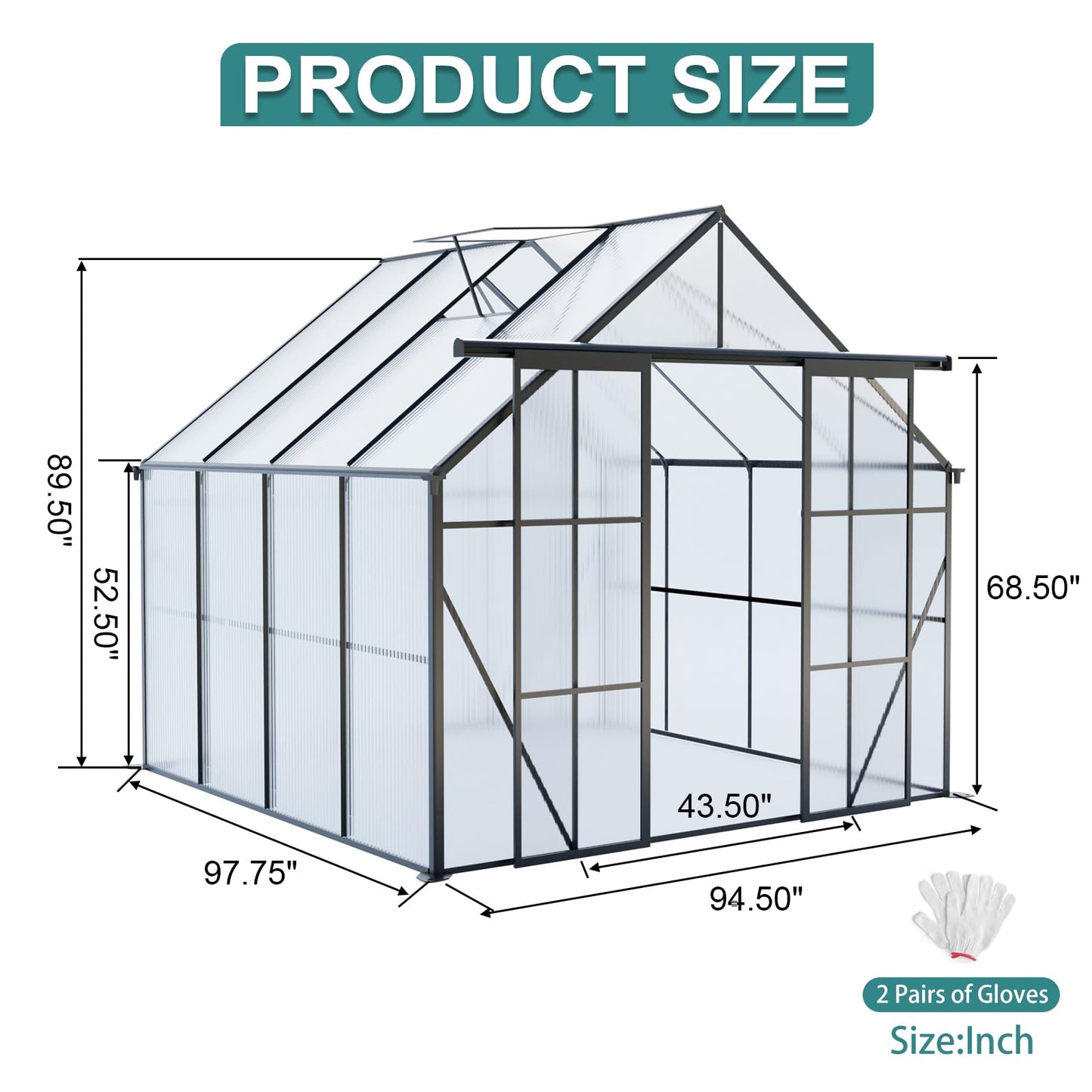 8x8 FT Black Outdoor Walk-in Polycarbonate Greenhouse Dual Sliding Doors Adjustable Roof Vent Aluminum Frame Galvanized Base Heavy Duty Backyard Gardening Plant House UV Resistant Greenhouse Kit