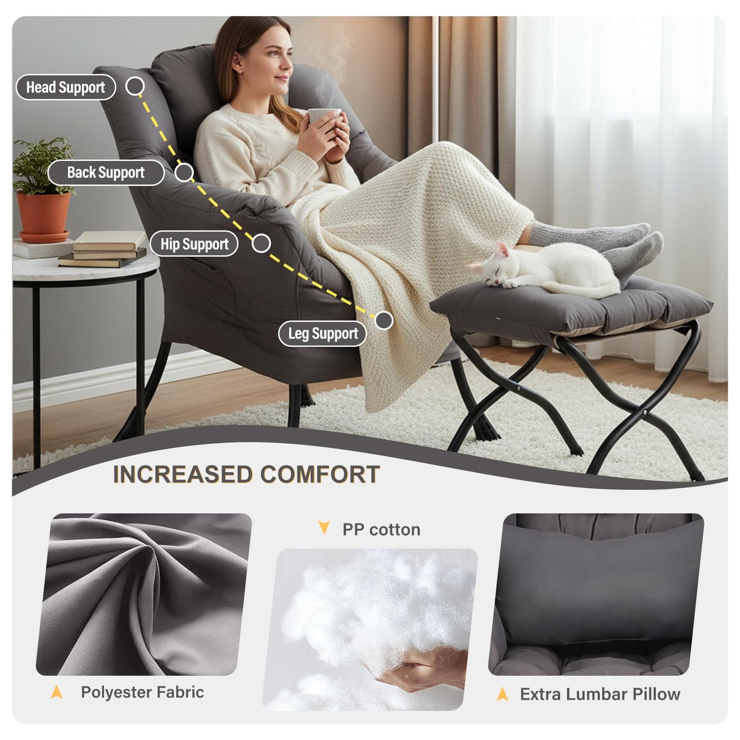 DreamNook Lazy Chair with Ottoman, Modern Accent Chair with Lumbar Pillow, Dark Grey Sofa, Armchairs with Folding Footrest, Oversized Supportive Chairs for Bedroom, Reading