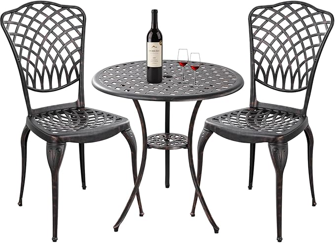 Withniture Bistro Set 3 Piece Outdoor Cast Aluminum Patio Bistro Set with 1.97” Umbrella Hole, Patio Table and Chairs Set of 2 Metal Furniture Set for Porch, Yard, Bronze