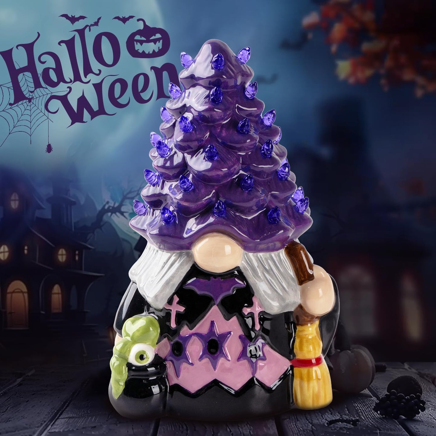 AlevaHive Ceramic Gnome Halloween Decorations - Witches Gnome Ceramic Tree Lighted - Black Decor Bedroom Indoor, Halloween Centerpieces for Table Decor