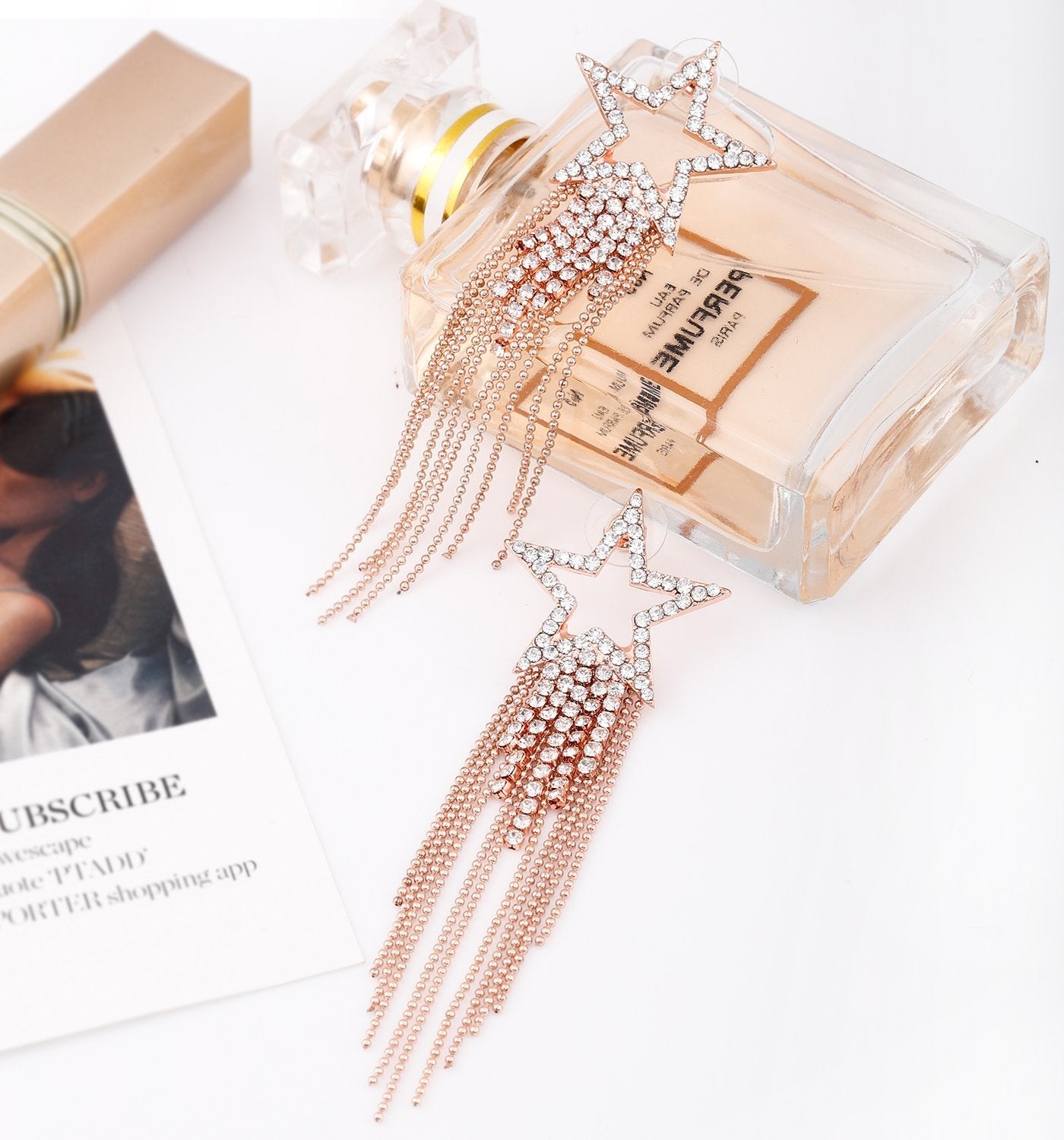 Womens Tassel Earrings Star Ear Stud Pave Crystal Dangle Earrings Boho Waterfall Beaded Fringe Drop Earring (rose)
