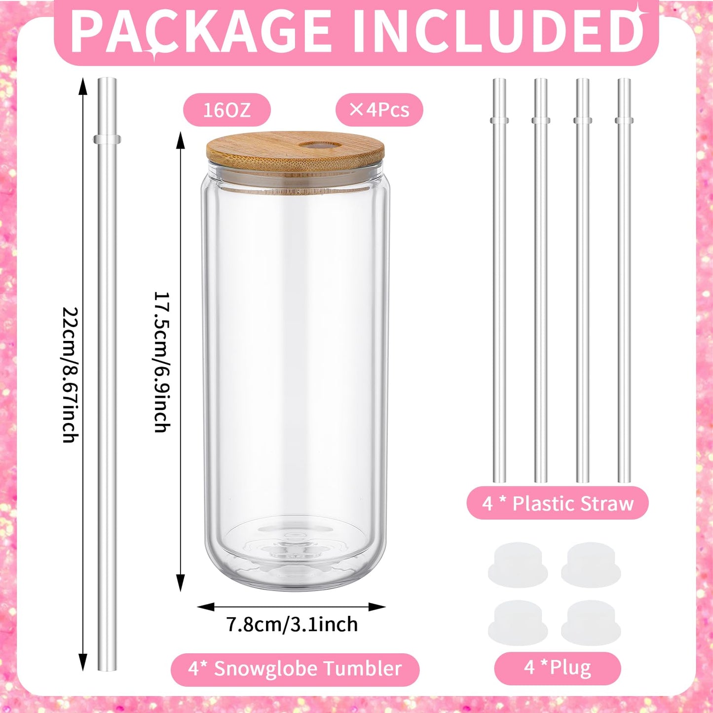 Skylety 9 Pcs Snow Globe Tumbler Supplies for Glitter Snow Globe Kit DIY Glass Cup Gift 16oz Pre Drilled Double Wall Cup with Lid and Straw Squeeze Bottle Funnel Tweezer Bent Syringe(Log Color)