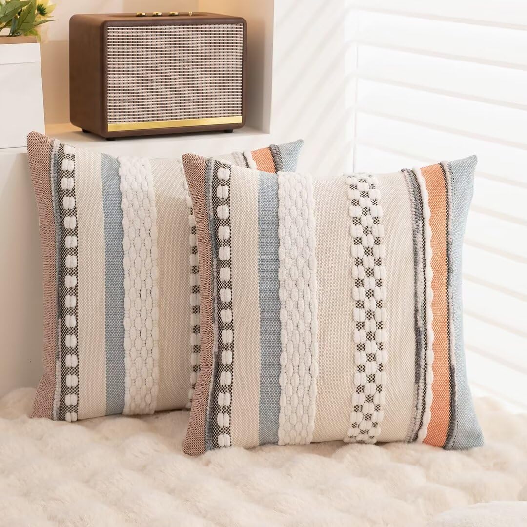WANLIRD Boho Throw Pillow Covers 18x18 Set of 2 Farmhouse Decorative Cushion Case Striped Square Pillows Cover Chenille Pillow Cases Accent Neutral Pillowcase for Sofa Couch Bed,Orange-Blue