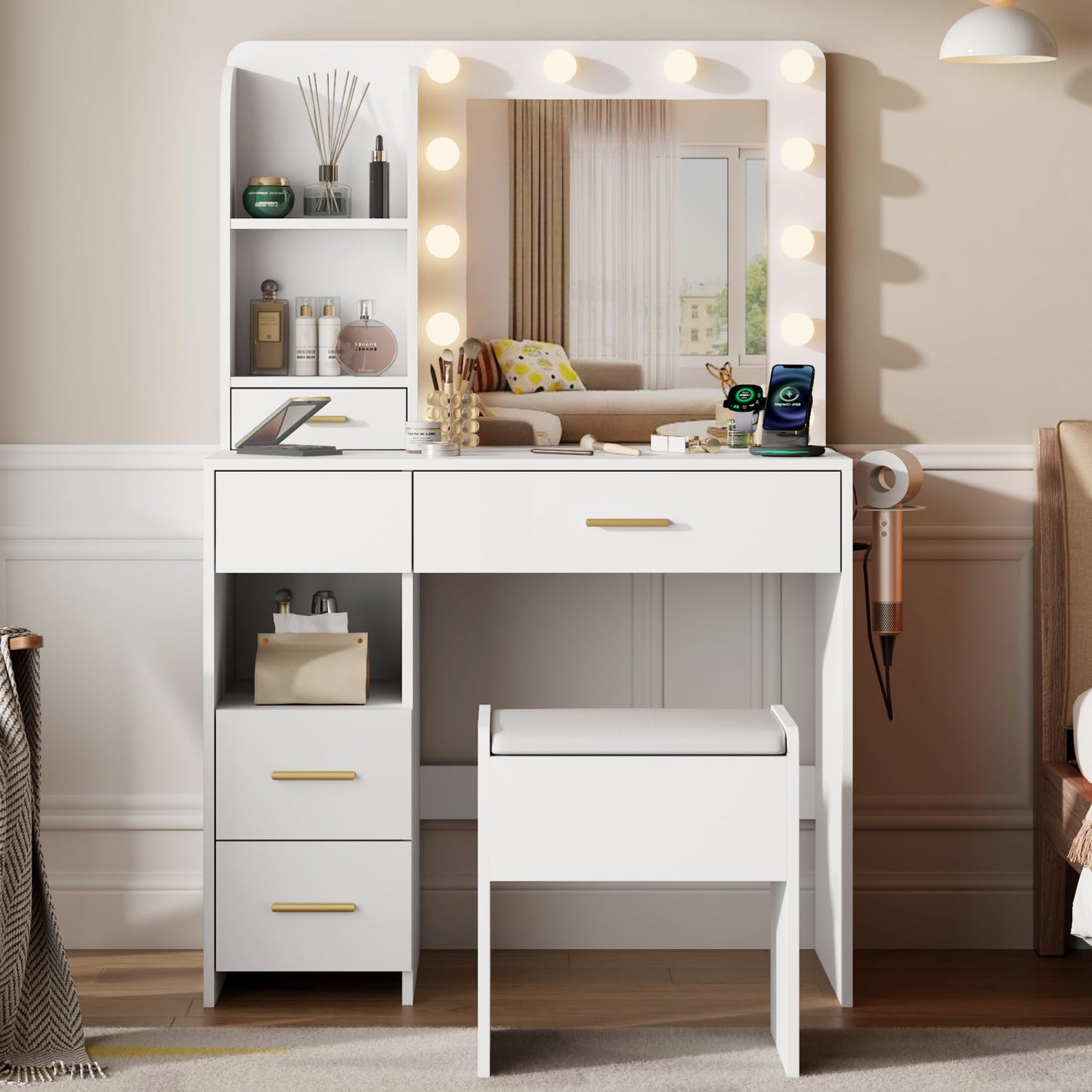 Furnivado Vanity Desk with Mirror and Lights, 3 Adjustable Lighting Makeup Vanity Desk with 3 Storage Shelves, 5 Large Drawers and Power Outlet, Vanity with Chair for Bedroom, White