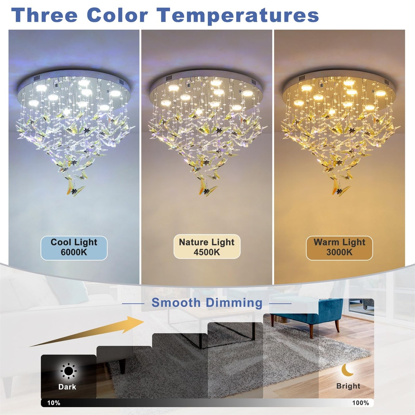 Modern Crystal Chandelier, 24 inch Flush Mount Crystal Ceiling Light with Remote and APP Control, 3CCT Dimmable, Elegant Butterfly LED Chandeliers for Bedroom Dining Room Living Room Foyer Entryway