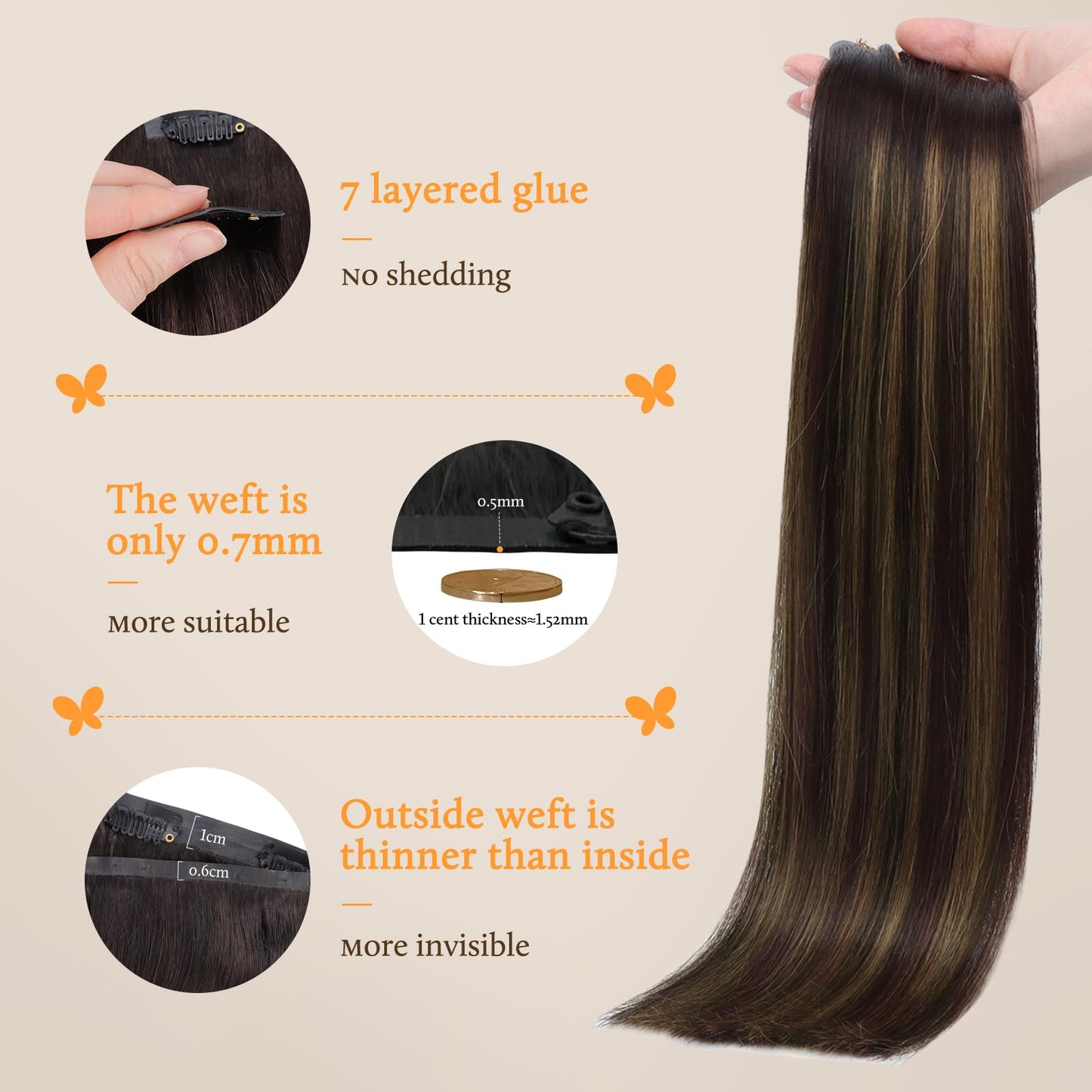 DOORES Clip in extensions - Real Human Hair with Invisible Edge, Dark Brown to Chestnut Brown 22 Inch 150g 7pcs, Straight Natura
