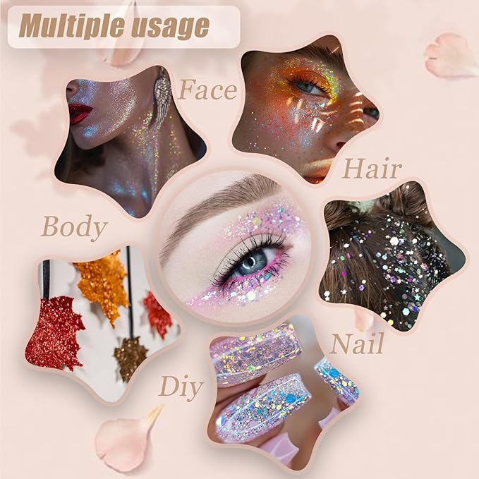 Face Body Glitter, Hair Glitter Sparkles Chunky Face Glitter Gel for Girls Makeup Singer Concerts Mermaid Festival Sequins Face Paint (Pink+Blue+Purple)
