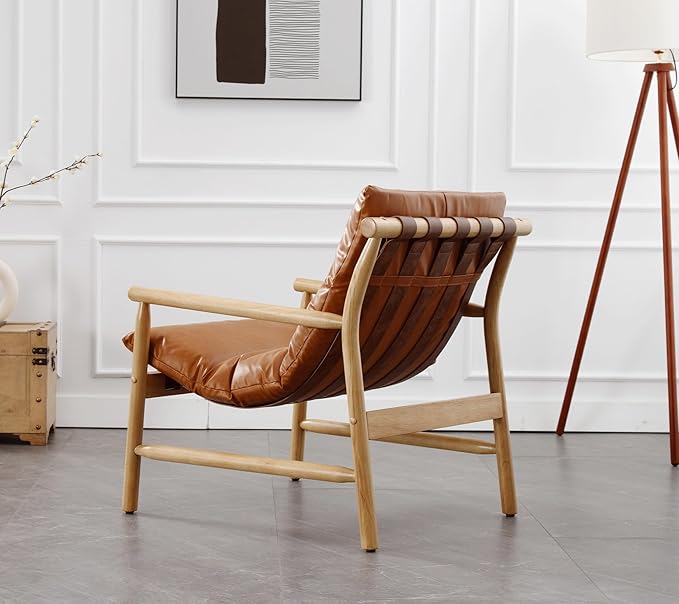 Faux Leather Accent Chair Mid Century Modern Living Room Chairs Comfy Arm Chair with Solid Wood Frame Upholstered Lounge Reading Chair Cozy Recliner for Guest Room/Bedroom, Brown, 7533AC
