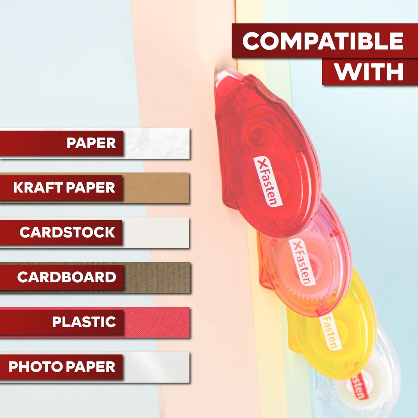 XFasten Double Sided Tape for Scrapbooking, 8mm x 30ft 24-Pack Multicolor Adhesive Tape Roller Runner, Jam-Free Craft Tape Ideal Scrapbook Album Kit