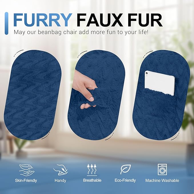 3FT Bean Bag Chair,Giant Bean Bag Chairs for Adults,Big Bean Bags with Memory Foam Filled, Large Beanbag Chairs with Chevron Plush Cover-Blue