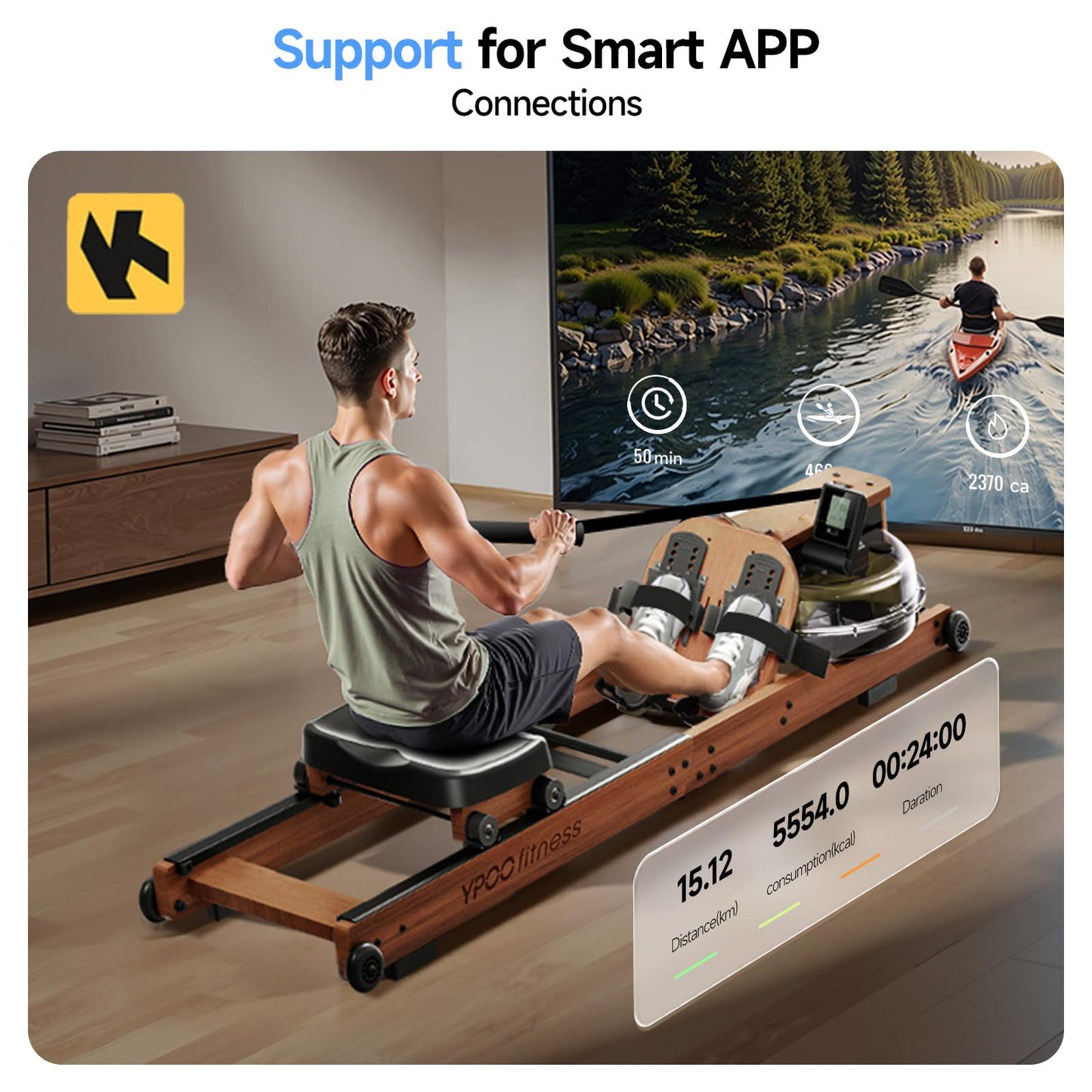 YPOO Water Rowing Machine for Home, Foldable Rower Machines with Comfortable Seat and Quick-Folding Design, Wooden Water Rower with 350LBS Weight Capacity