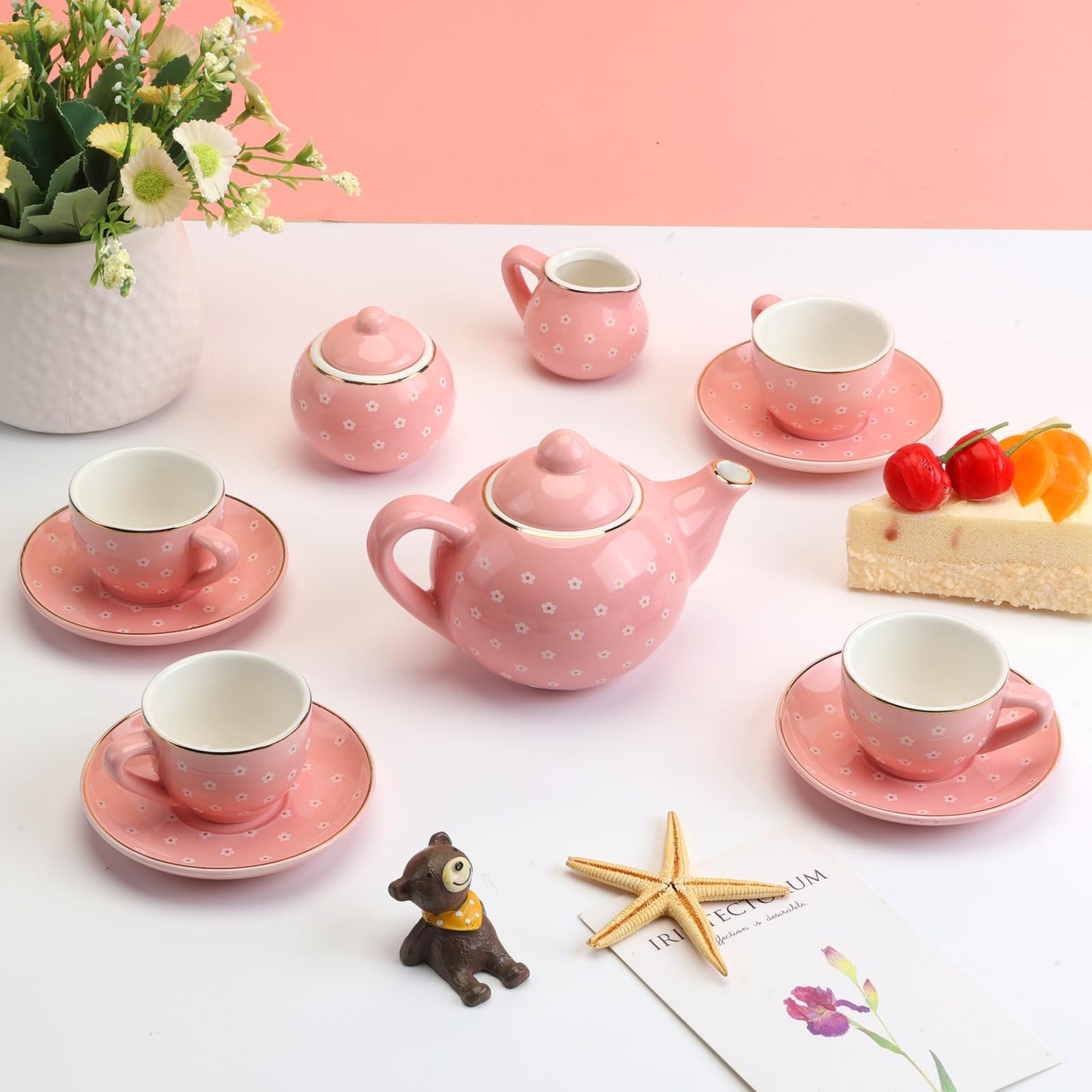 CHENP.HMC Tea Party Set for Little Girls, 13 Piece Sets Kids Tin Tea Party with Cups, Saucers, Plates & Serving Trays, Girls Birthday Gift (Pastel Polka Dots)