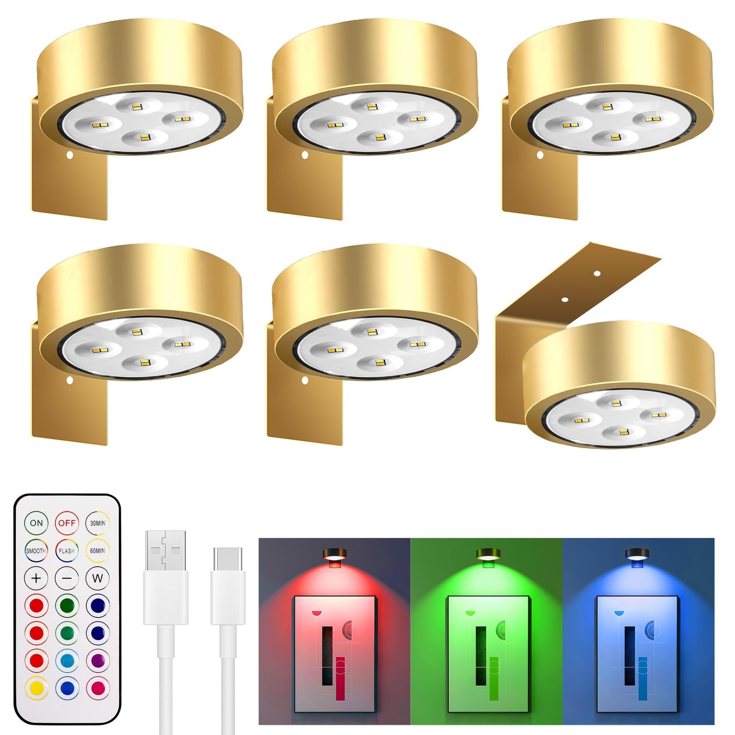 maylit 6 Pack RGBW Picture Lights for Wall, Rechargeable Battery Magnetic Poster Lights, Remote Dimmable Timer Painting Light, Wireless Wall Room Decor Light for Art Display, Frame, Gold