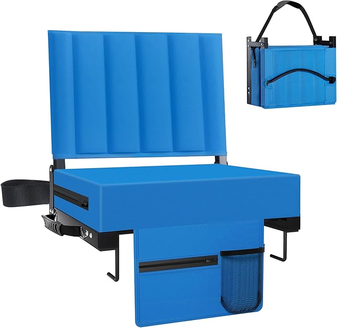 Aliphon Stadium Seat for Bleachers with Back Support and Cushion, Bleacher Seats with Shoulder Strap and Cup Holder, Padded Portable Folding Comfort Stadium Chair, for Sports Events, Blue (1pcs)