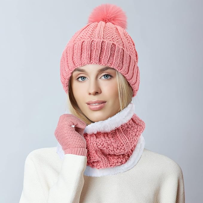 SATINIOR 5 Pcs Winter Hat Scarf Gloves Set Fleece Warm Lined Knit Beanie Hat Touch Screen Earmuff Gloves Warmer for Women(Pink,Classic Style)