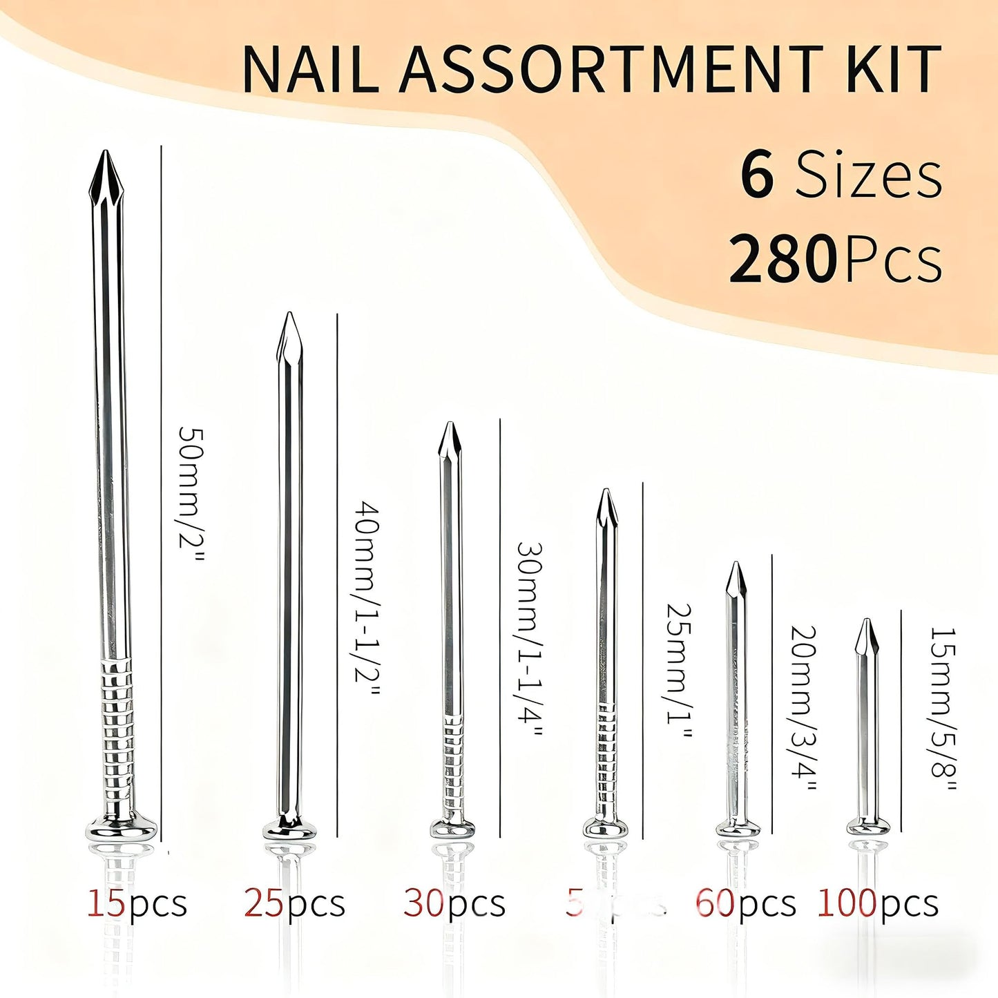 Ywmimn 280 Pcs Nail Assortment Kit, 6 Sizes Finishing Nails for Hanging Pictures, Maximum Length 2 Inches Galvanized, Long and Small Nails for Wall Art
