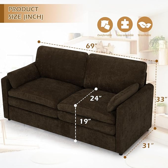 ACMEASE 69” Chenille Loveseat Sofa w/Arm Pillows, Upholstered 2-Seater Sofa w/Comfortable Back Cushions, Modern 2 Seats Couch w/High-Density Foam for Living Room, Apartment, Office, Brown