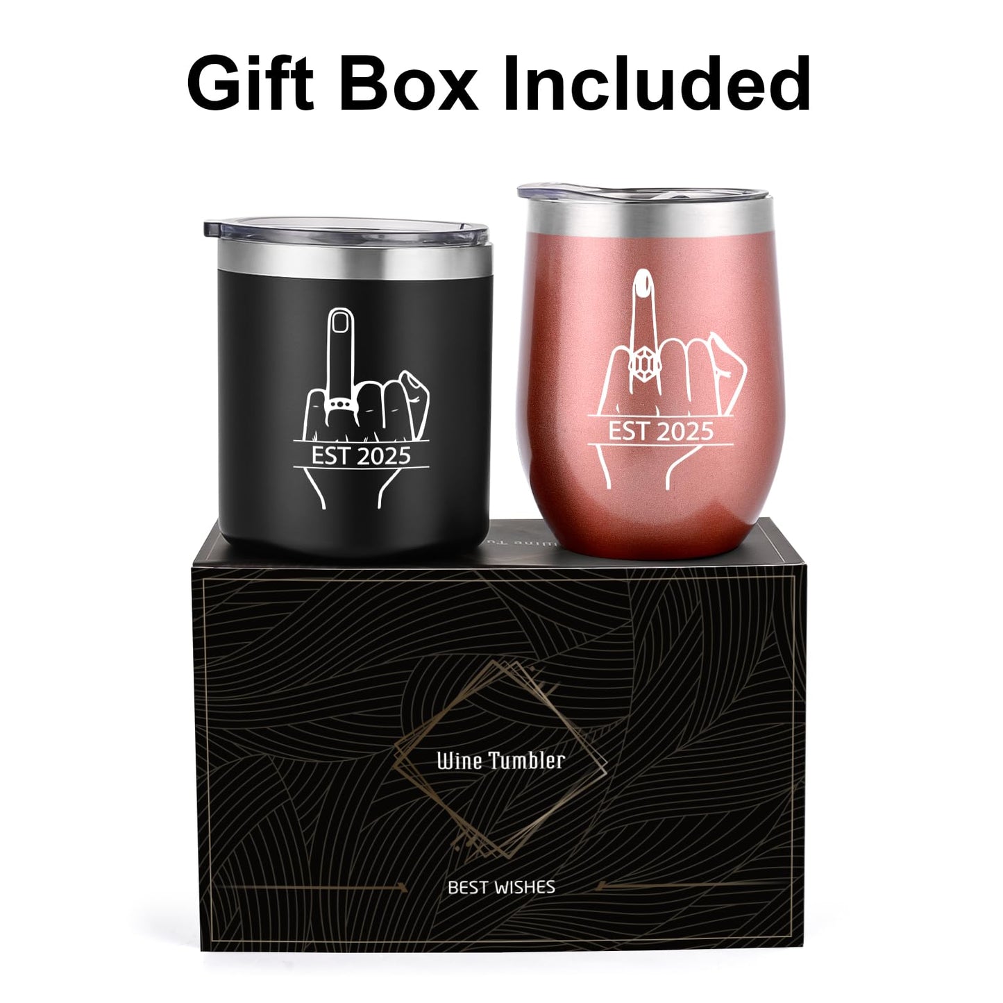 Qtencas Ring Finger EST 2025 Stainless Steel Whiskey & Wine Tumbler Set, Wedding Gift for Couple, Unique Engagement Present for Friends Mr Mrs His Her Just Married, 12oz Black & Rose Gold