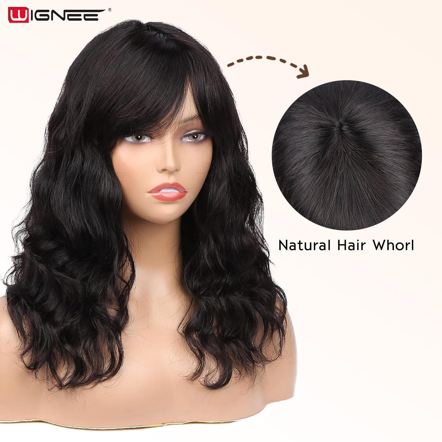 WIGNEE 100% Virgin Human Hair Natural Wave Wigs with Bangs Brazilian Human Hair Wave Wigs For Black Women Natural Black Color (1