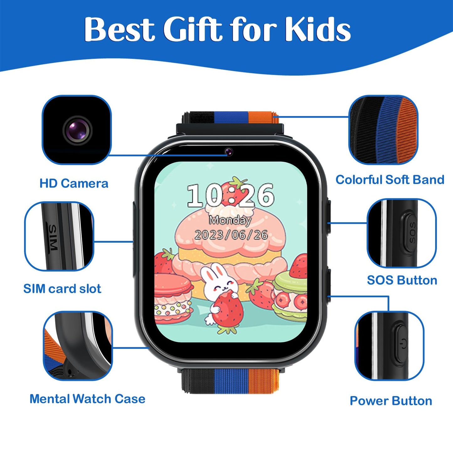 PTHTECHUS Smart Watch for Kids, 4G Smartwatch with Phone Call, SOS, Camera, Music Player, Learn Card, and Puzzle Games, Suitable for Boys and Girls Ages 4-12 Years Old Purple (Black)