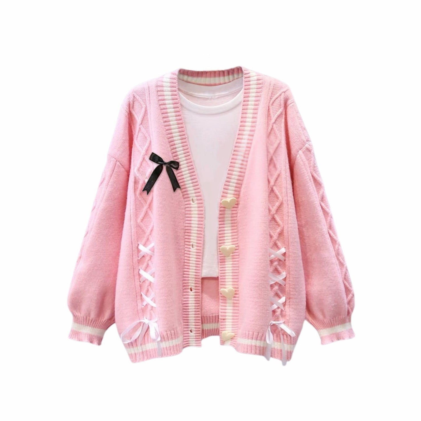 FindThy Women’s Cute Sweet Cardigan Sweater Kawaii Love Button Long Sleeve V-Neck Bowknot Knitted Outerwear(4060-03Pink-OneSize-LB)