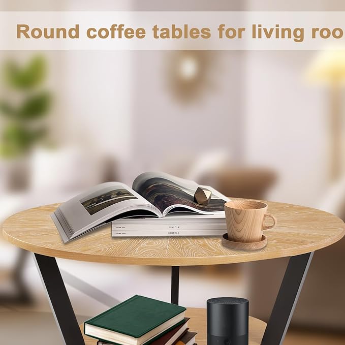 Gravilithic Round Wood Coffee Table for Living Room, 2-Tier Rustic Circle Coffee Table with Storage, 35”x 17” Real Wood Desktop with Metal Frame, Radial Pattern