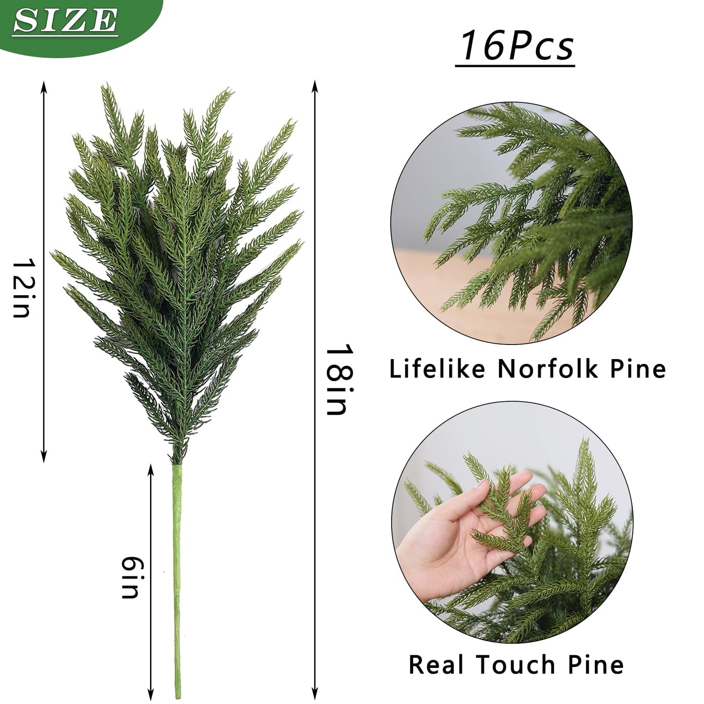 YXZZWL 16 Pcs 18 Inch Real Touch Artificial Norfolk Pine Branches, Faux Cedar Pine Stem Fake Greenery Pine Picks for Vase DIY Garland Wreath Home Decoration