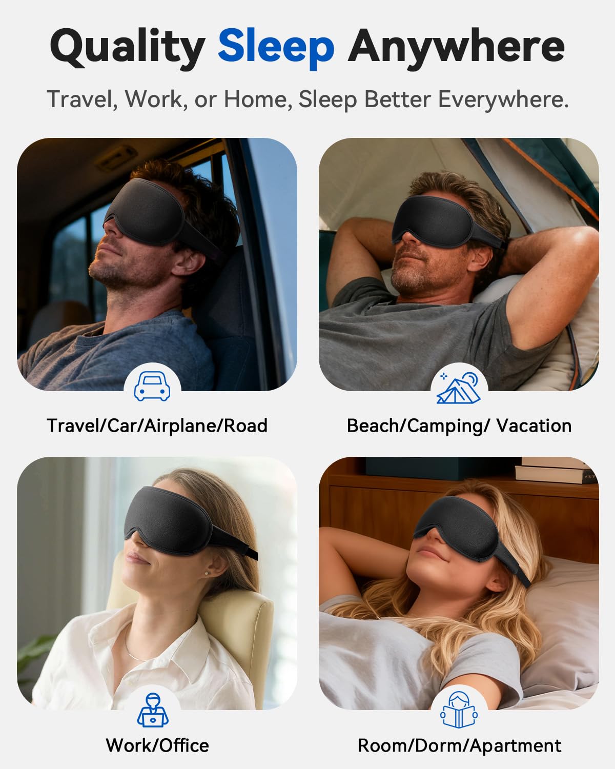 Travel Essentials Blackout Sleep Mask for Men Women: Weighted Designed 3D Zero Eye Pressure Soft - for Long Flight, Car Trip, Office Nap, Bedroom, Apartment - Rest and Relaxation Gifts