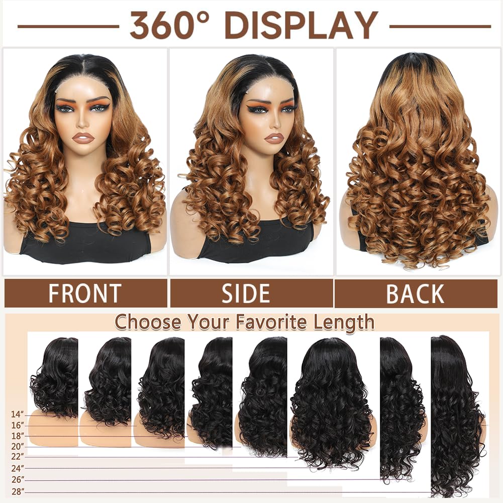 1B/30 Lace Front Wigs Human Hair Highlight Ombre 5x5 Pre Cut Lace Front Wigs Human Hair Dark Root to Brown 5x5 HD Lace Closure W
