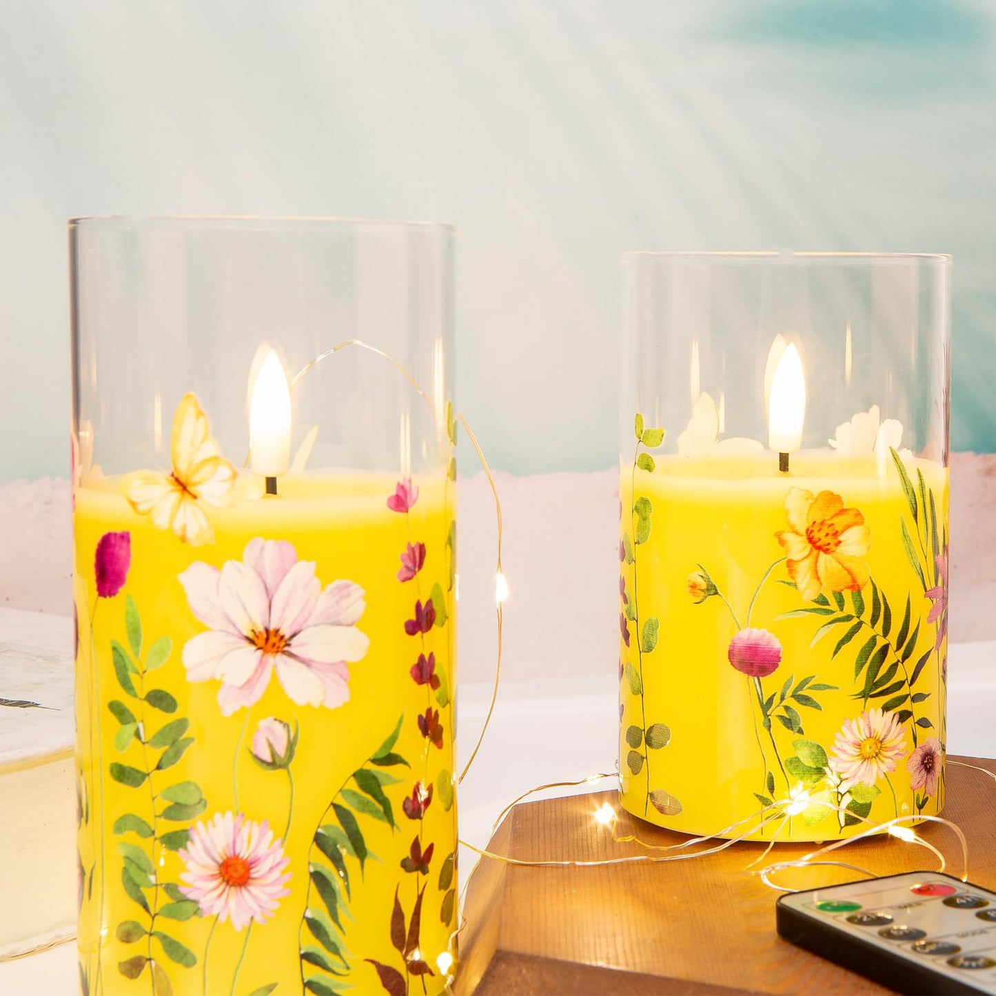 Eywamage Yellow Cosmos Floral Flameless Candles in Glass Jars, Flickering Battery LED Pillar Candles with Remote Set of 3