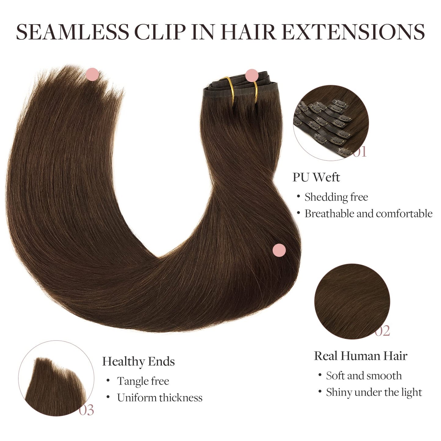 MAXITA Real Human Hair Extensions, 22 Inch Chocolate Brown 150g 7pcs, Clip in Remy Straight Long Hair Extensions, Seamless Clip