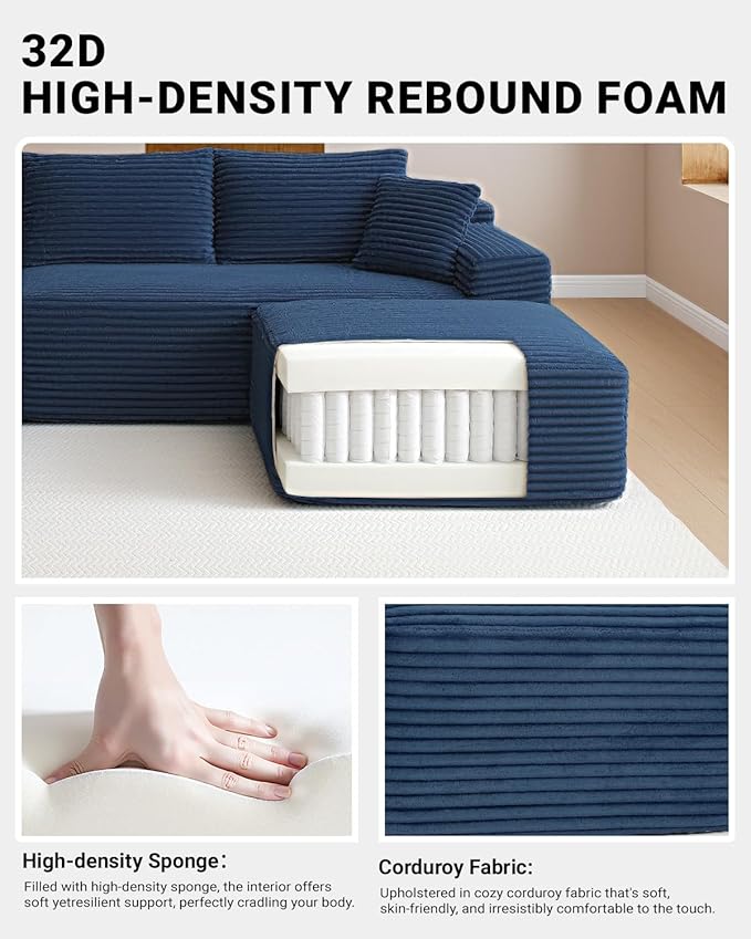 132 Inch Modular Sectional Sleeper Sofa, Boneless Cloud Couch for Living Room, U Shaped 5 Seat Sofa with 2 Cup Holders, Free Combination, No Assembly Required (Blue)