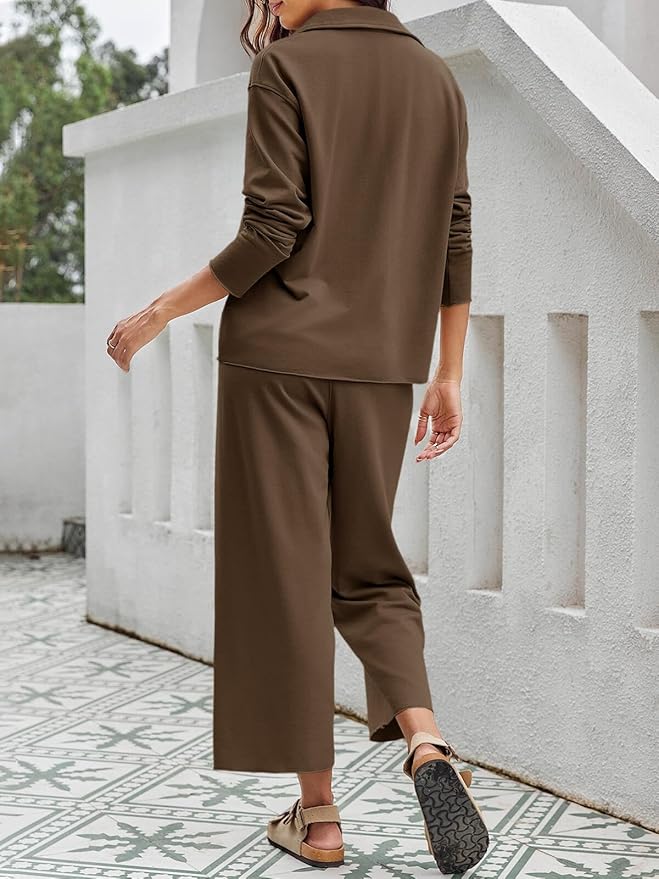 Imily Bela Womens 2 Piece Outfits Sweatsuit Long Sleeve Lapel V Neck Shirt and Wide Leg Pants 2025 Fall Trendy Tracksuit