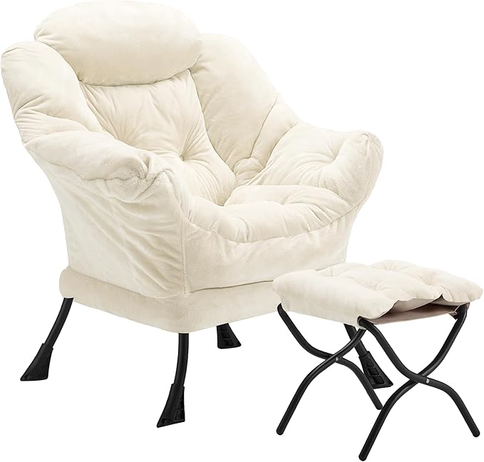 Youtanic Lazy Chair with Folding Ottoman, Accent Chair Plush Upholstered with Metal Structure and Non-Slip Pads, Sofa Armchair with Footrest and Side Storage Bag for Dorm, Room, Office, Beige