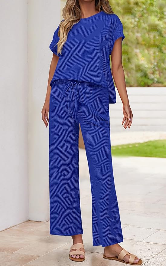 PRETTYGARDEN 2 Piece Outfits For Women Casual Tracksuit Short Sleeve Tops And Wide Leg Long Pants Matching Lounge Sets